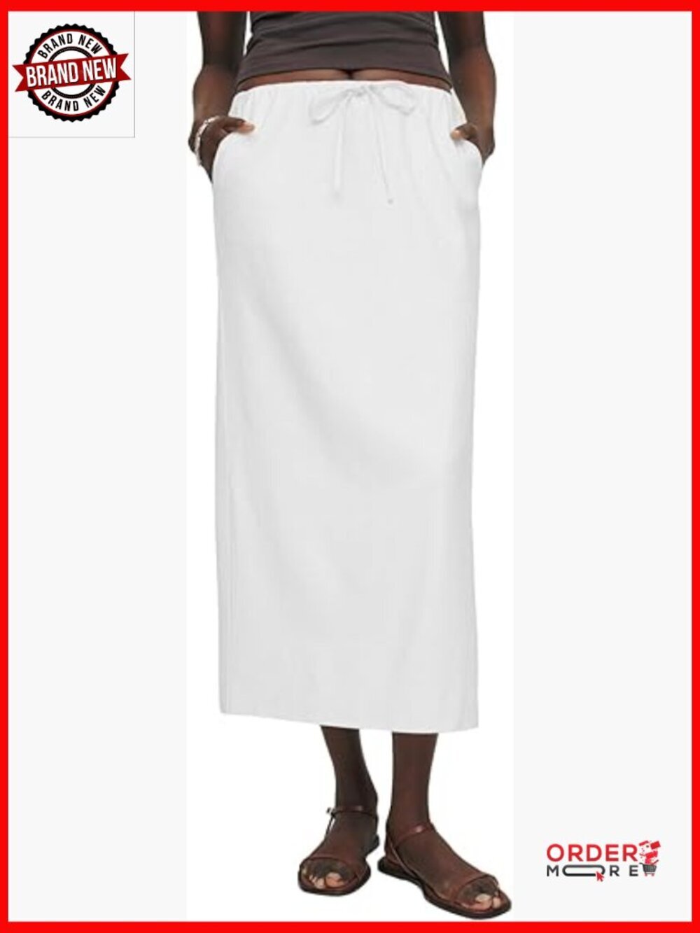 Linen Elastic Waist Drawstring Long Skirt with Slit
